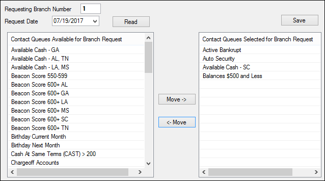 Queues > Contact Queues > Branch Requests Screen