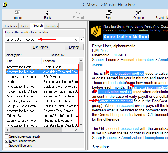 In the example above, the term "amortization method" was searched. After selecting the Location of Amortizing Fees and Costs screen, each instance of "amortization method" is highlighted.