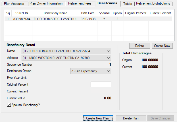 Deposits > Retirement > Retirement Plan Screen, Beneficiaries Tab