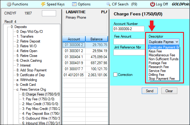 Example of the Charge Fees Transaction in CIM GOLDTeller with the Descriptor Field Highlighted