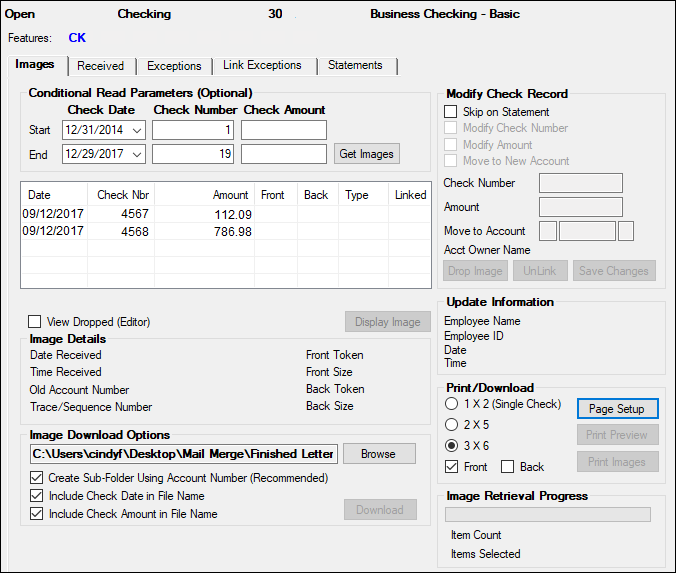 Deposits > Account Information > Check Imaging screen 