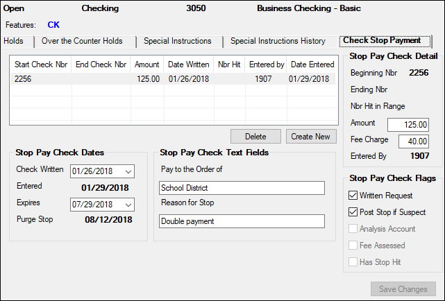 Deposits > Account Information > Restrictions & Warnings Screen, Check Stop Payment Tab