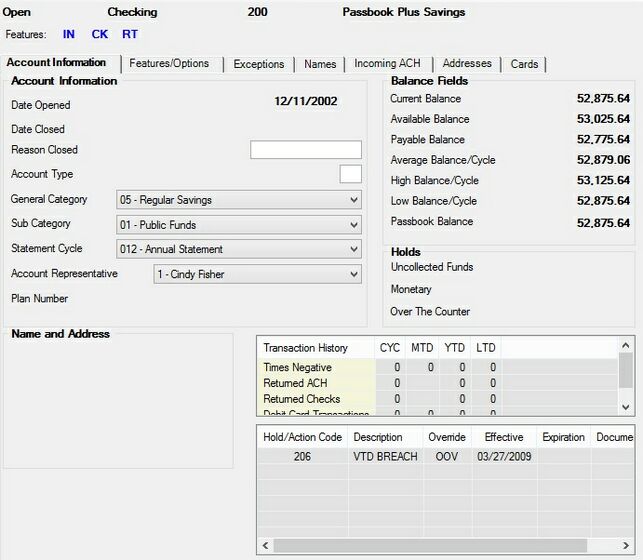 Deposits > Account Information > Account Information Screen