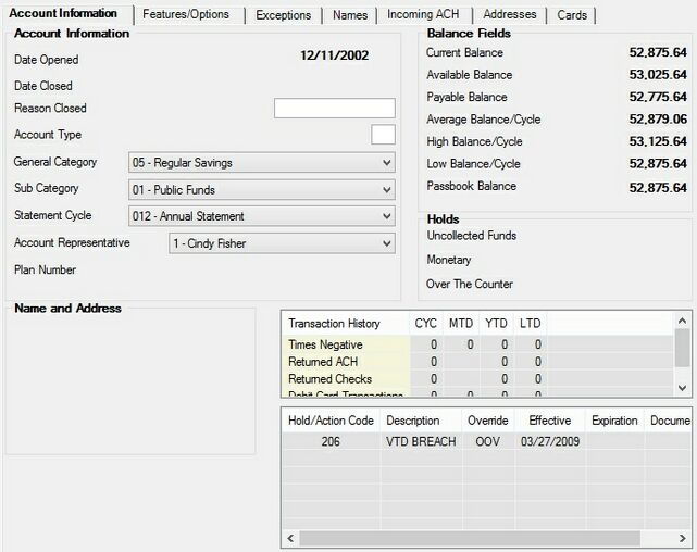 Deposits > Account Information > Account Information screen, Account information tab