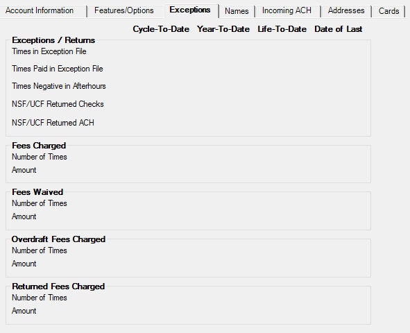 Deposits > Account Information > Account Information screen, Exceptions tab