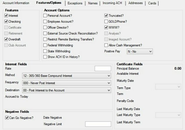 Deposits > Account Information > Account Information screen, Features/Options tab