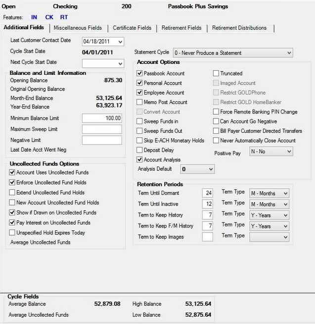 Deposits > Account Information > Additional Fields screen