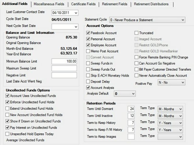 Deposits > Account Information > Additional Fields screen, Additional fields tab