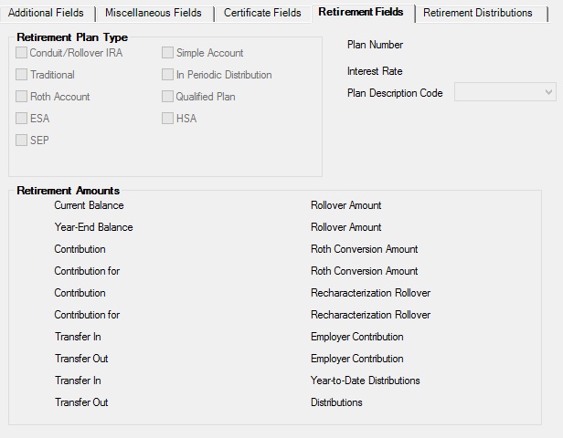 Deposits > Account Information > Additional Fields screen, Retirement Fields tab