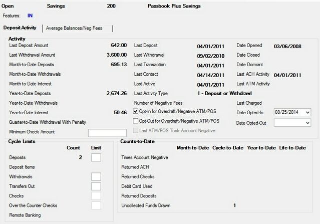 Deposits > Account Information > Activity Information Screen