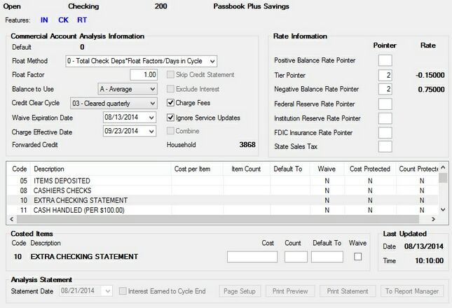 Deposits > Account Information > Commercial Account Analysis Screen