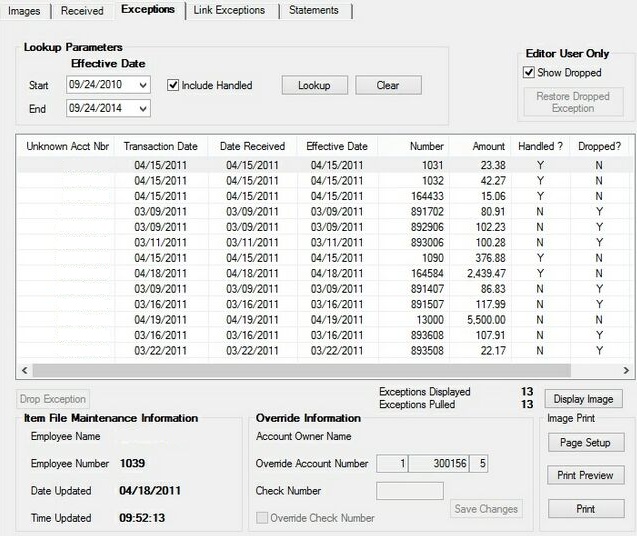 Deposits > Account Information > Check Imaging screen, Exceptions tab