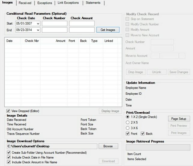 Deposits > Account Information > Check Imaging screen, Images tab