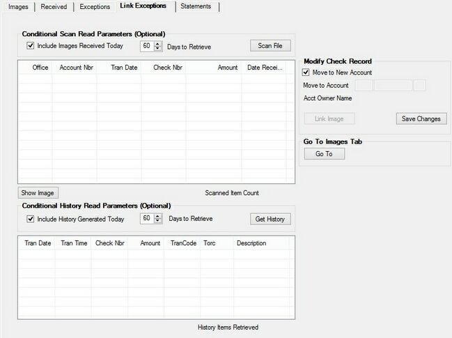 Deposits > Account Information > Check Imaging screen, Exceptions tab