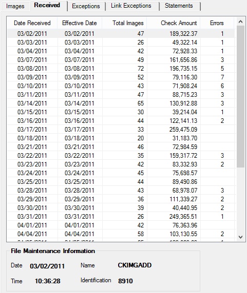 Deposits > Account Information > Check Imaging screen, Received tab