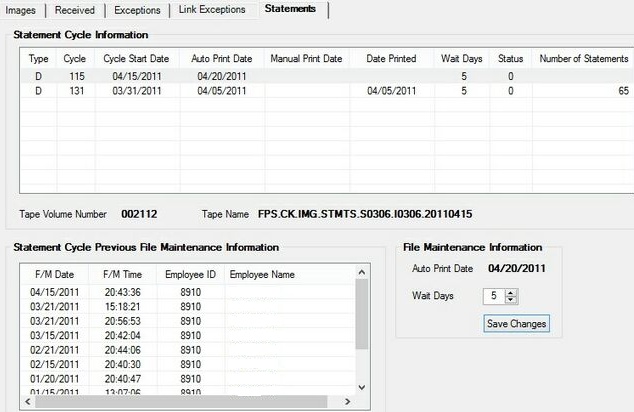 Deposits > Account Information > Check Imaging screen, Statements tab