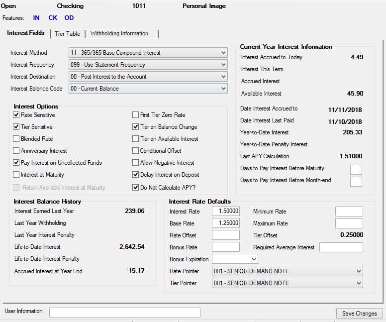 Deposits > Account Information > Interest Fields Screen