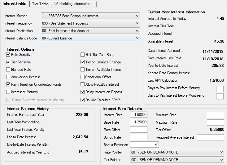 Deposits > Account Information > Interest Fields screen, Interest Fields tab