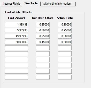 Deposits > Account Information > Interest Fields screen, Tier Table tab