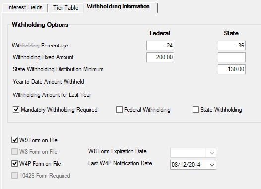 Deposits > Account Information > Interest Fields screen, Withholding Information tab