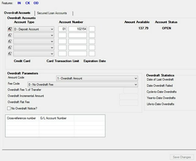 Deposits > Account Information > Overdraft & Secured Loans Screen