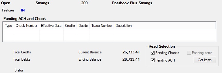 Deposits > Account Information > Pending Items Screen