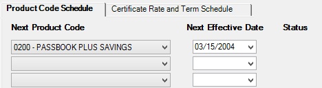 Deposits > Account Information > Roll Schedules Screen, Product Code Schedule Tab