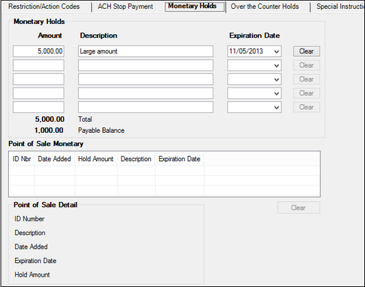 Deposits > Account Information > Restrictions & Warnings Screen, Monetary Holds Tab