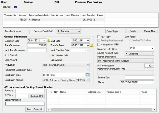 Deposits > Account Information > Customer Directed Transfers > Customer Directed Transfers Screen