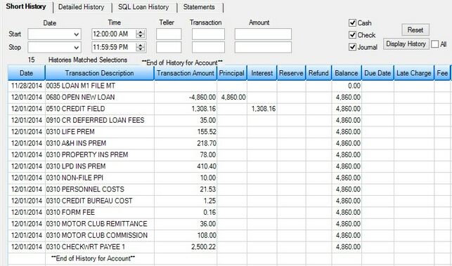 Deposits > Deposit Loans > History Screen