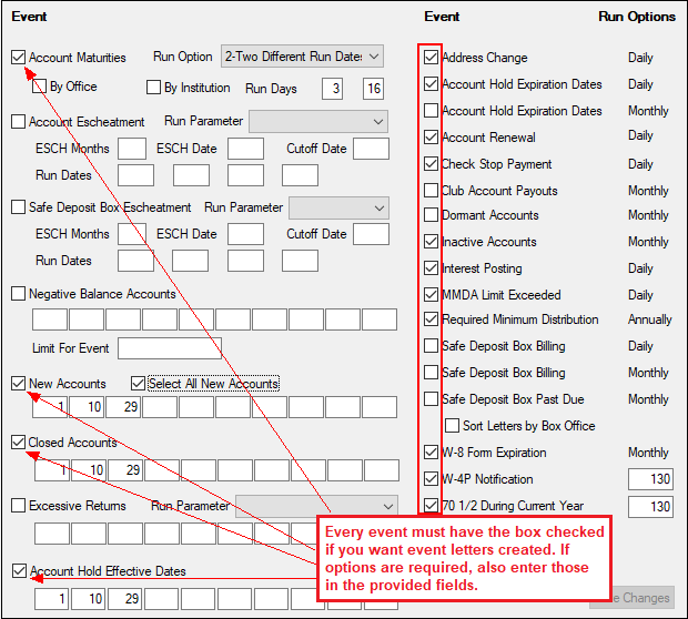 Deposit > Definitions > Event Setup Screen