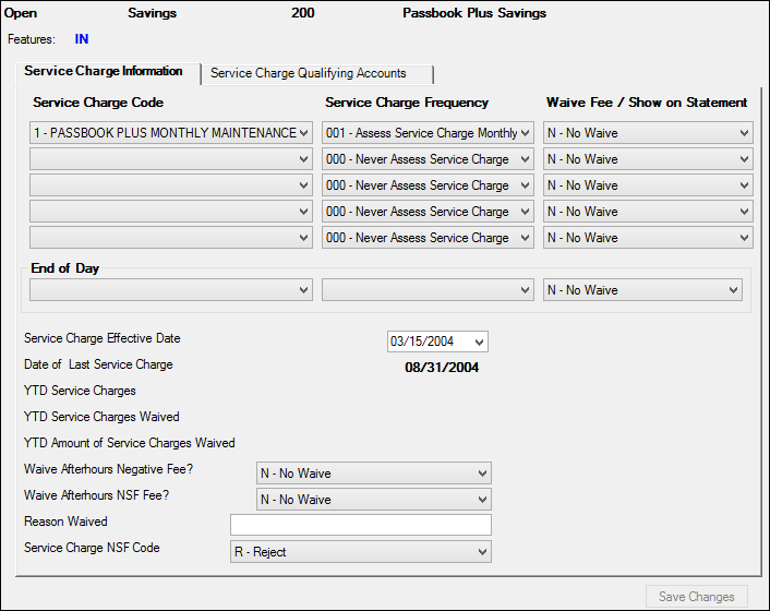 Deposits > Account Information > Service Charge Fields Screen