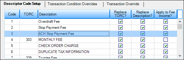 Descriptor Code List View Table