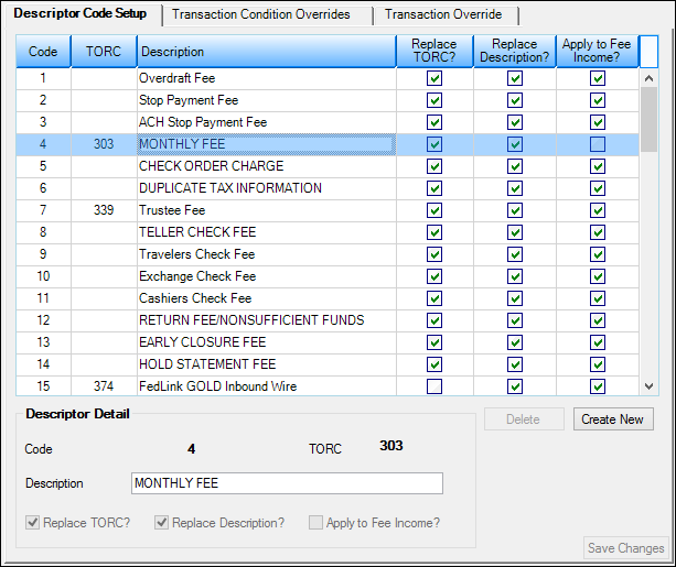 Deposits > Definitions > Transaction Options Screen, Descriptor Code Setup Tab