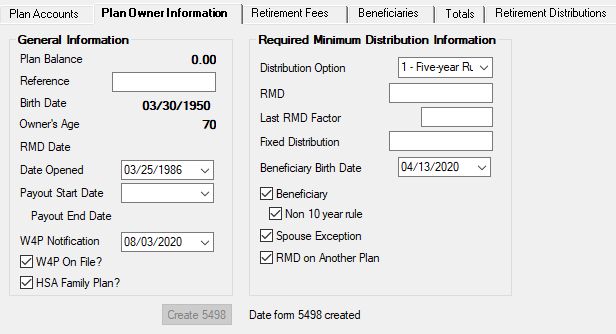 Deposits > Retirement > Retirement Plan Screen, Plan Owner Information Tab