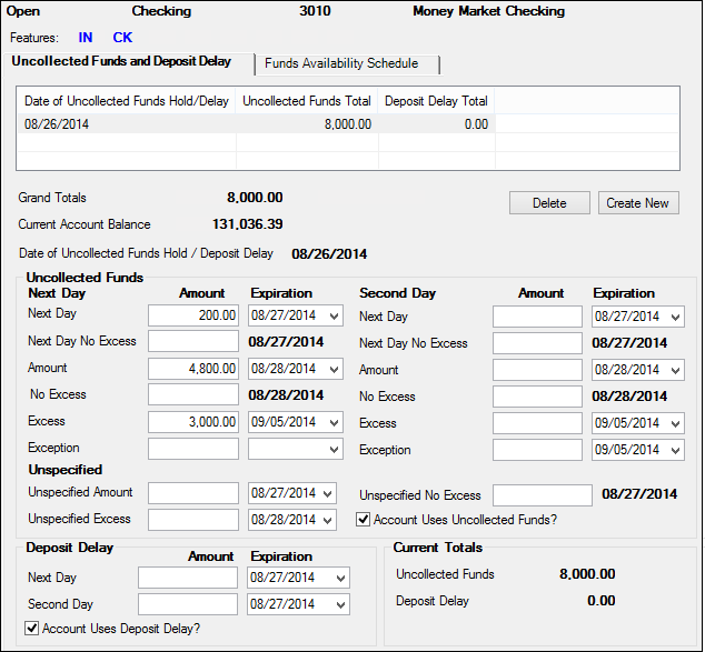 Deposits > Account Information > Funds Holds screen