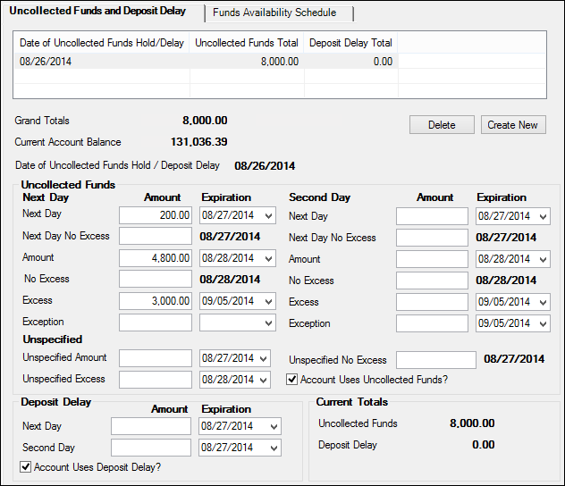 Deposits > Account Information > Funds Holds screen, Uncollected Funds and Deposit Delay tab