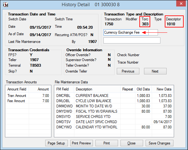 Deposits > History Screen, then Double-click a History Item to bring up the History Detail Screen