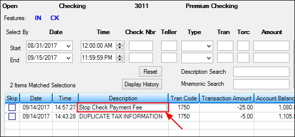 Deposit > History Screen Showing the Fee Description