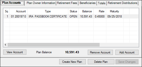 Deposits > Retirement > Retirement Plan Screen, Plan Accounts Tab 