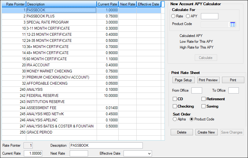 Deposits > Definitions > Rate Tables Screen