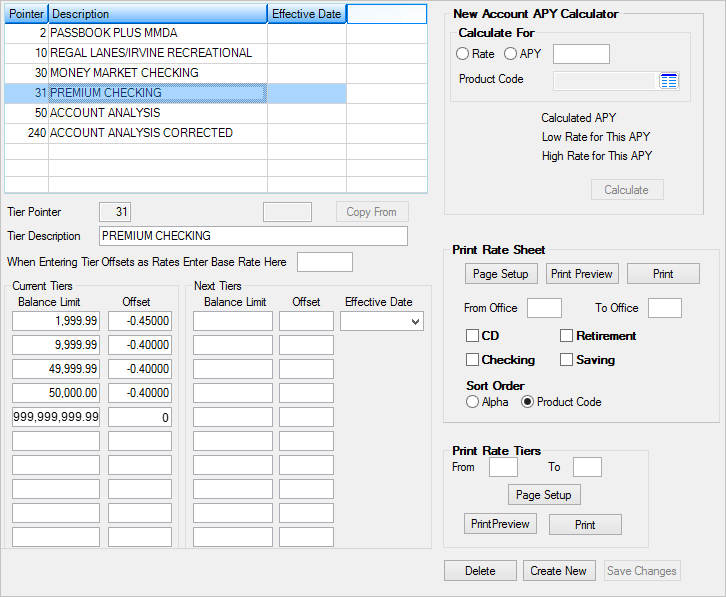 Deposits > Definitions > Rate Tiers Screen