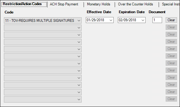 Deposits > Account Information > Restrictions & Warnings Screen > Restriction/Action Codes Tab