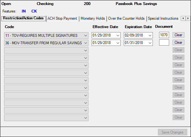 Deposits > Account Information > Restrictions & Warnings Screen