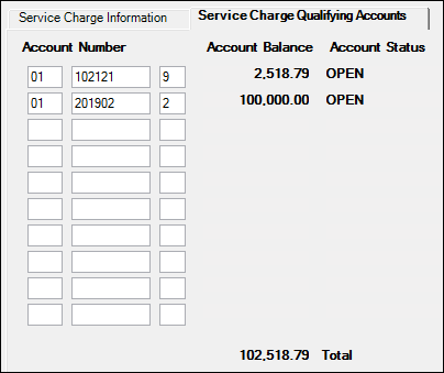 Deposits > Account Information > Service Charge Fields Screen > Service Charge Qualifying Accounts Tab