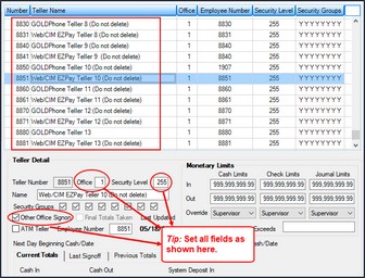 Deposits > Definitions > Teller Information Screen showing System Teller Setup (click to expand)