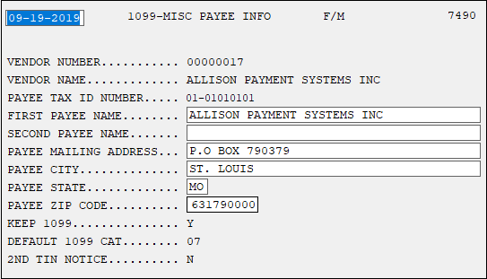 1099-MISC Payee Information Screen (Accounts Payable, then function 18, then <F1>, then <F10>)