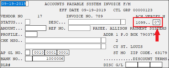 Invoice Processing Screen (function 30) in Accounts Payable System