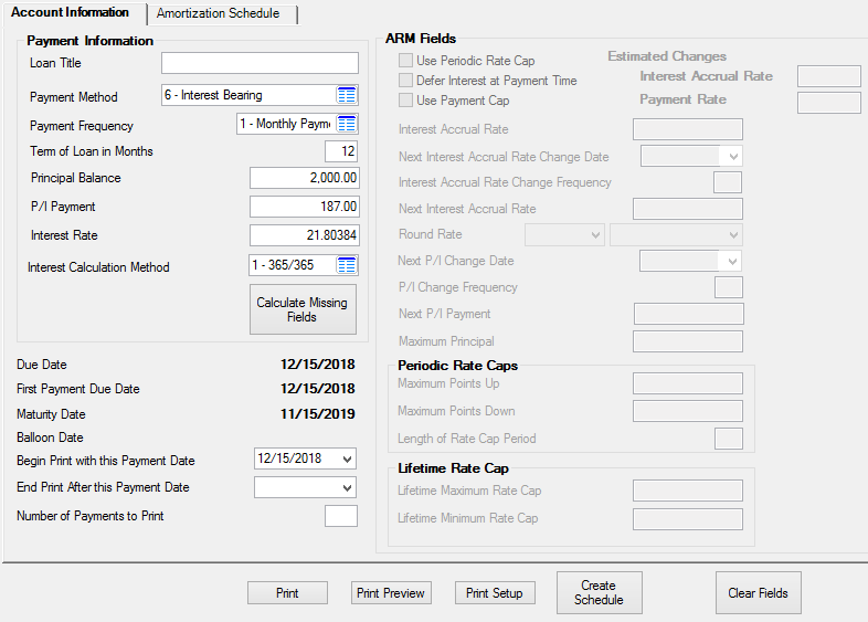 Loans > Account Information > Amortization Schedule Screen, Account Information Tab