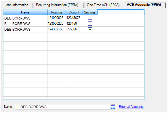 Loans > Account Information > Payment Information Screen > ACH Accounts (FPEA) Tab